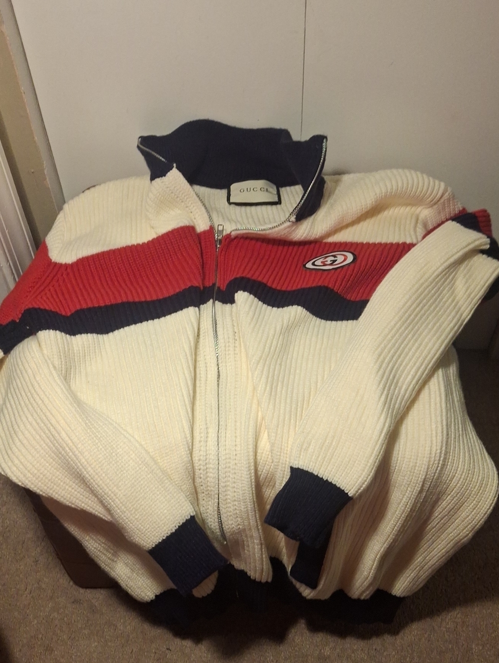Gucci Men's Cream Zip-Up Sweater with Red & Navy Stripes